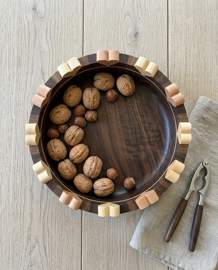 AI-generated walnut heart bowl photography: from above