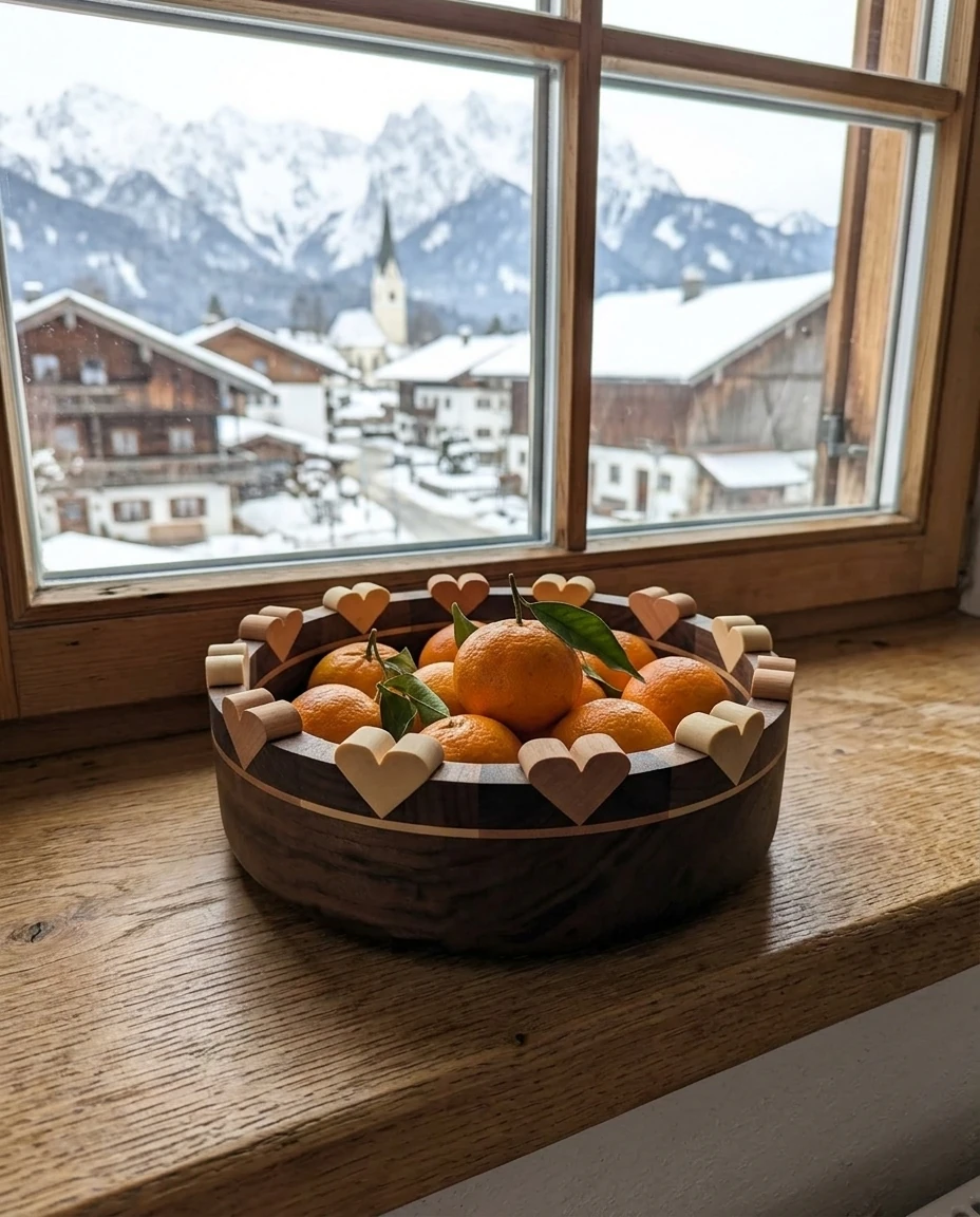 AI-generated walnut heart bowl photography: winter windowsill