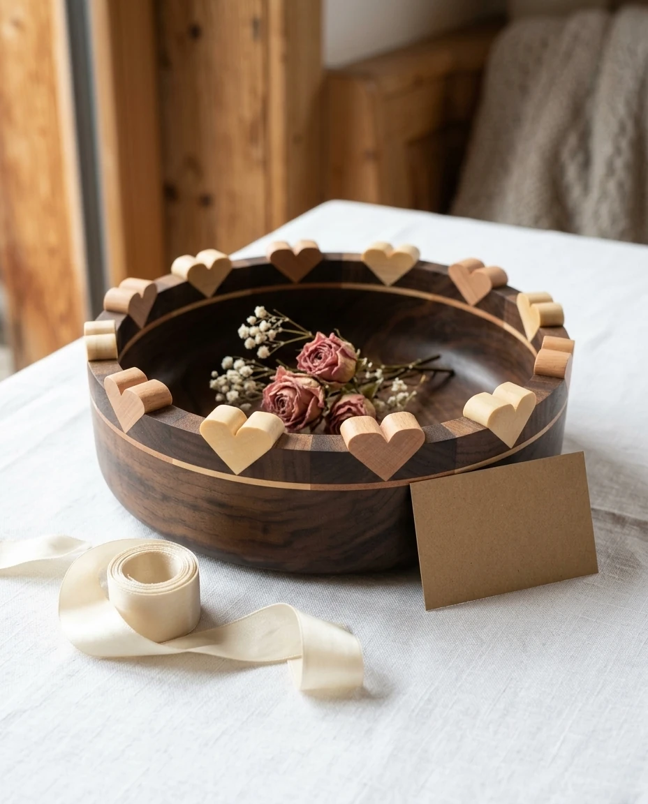 AI-generated walnut heart bowl photography: as a wedding gift