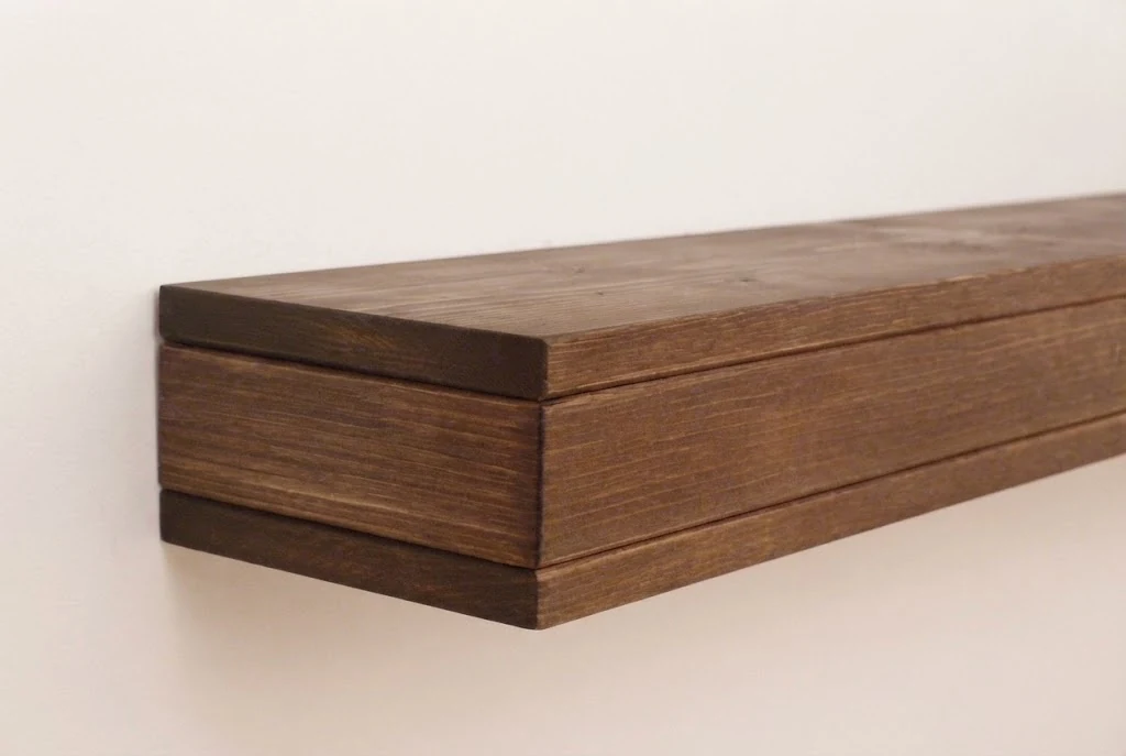 AI-generated walnut wall shelf photography: corner construction