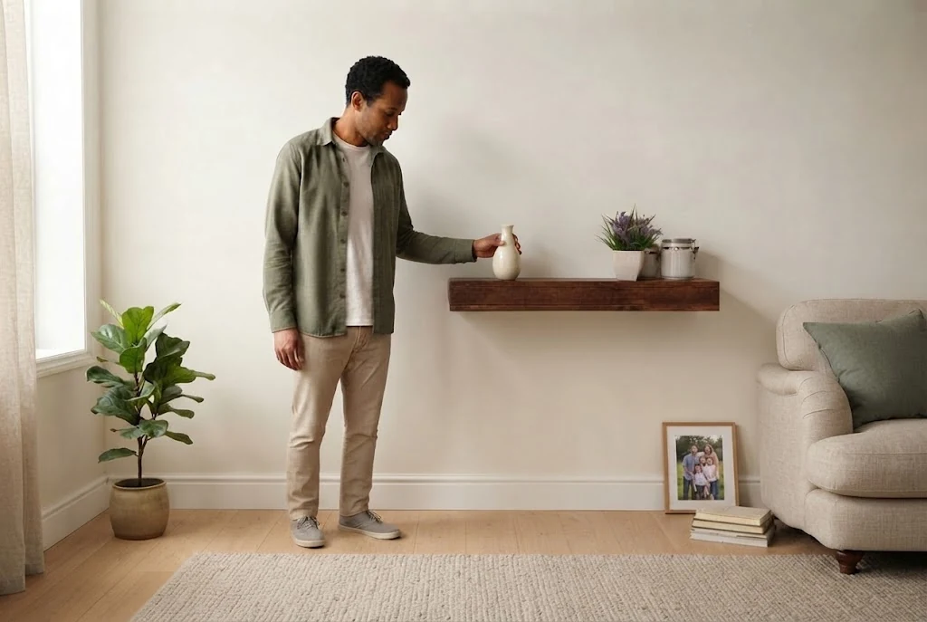 Walnut wall shelf — AI-generated placing a vase