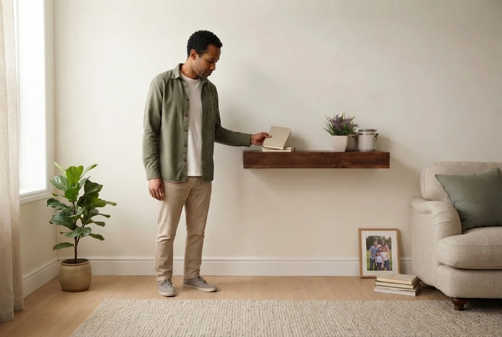 AI-generated walnut wall shelf photography: a book within reach