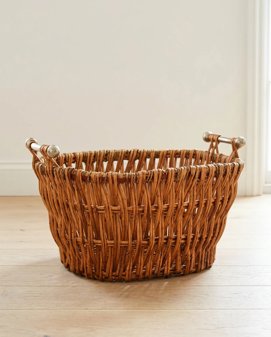 AI-generated willow log basket photography: daylight, oak floor