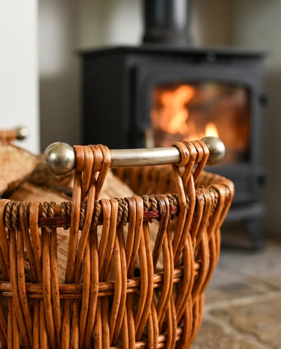 AI-generated willow log basket photography: weave and handle