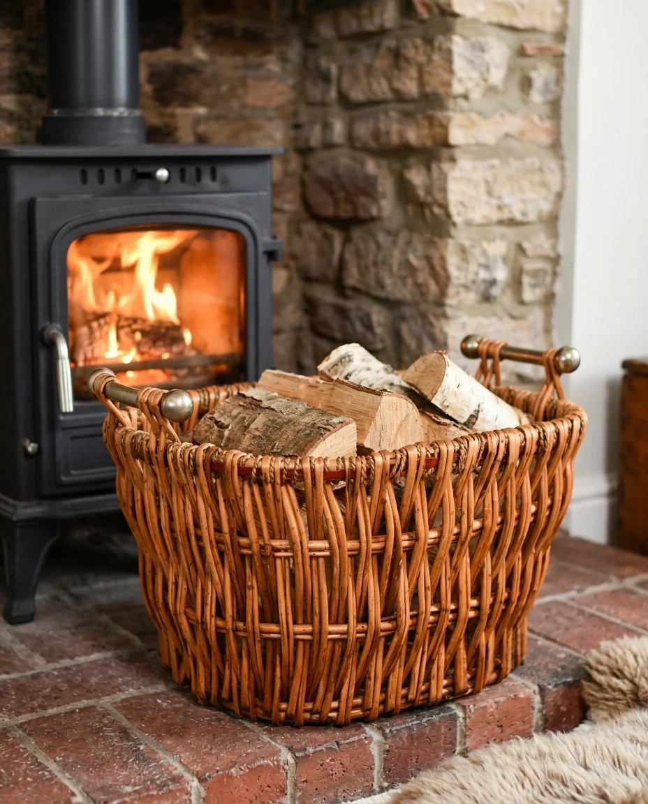 Willow log basket in an AI-generated setting