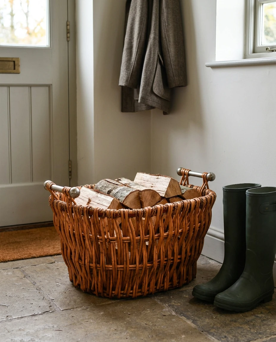 AI-generated willow log basket photography: in the porch
