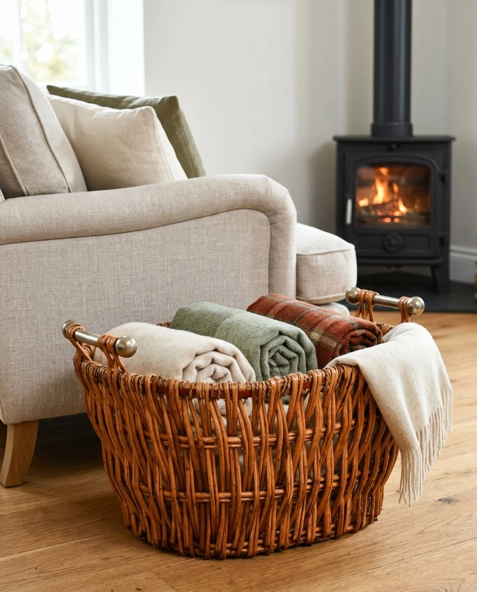 AI-generated willow log basket photography: blanket storage