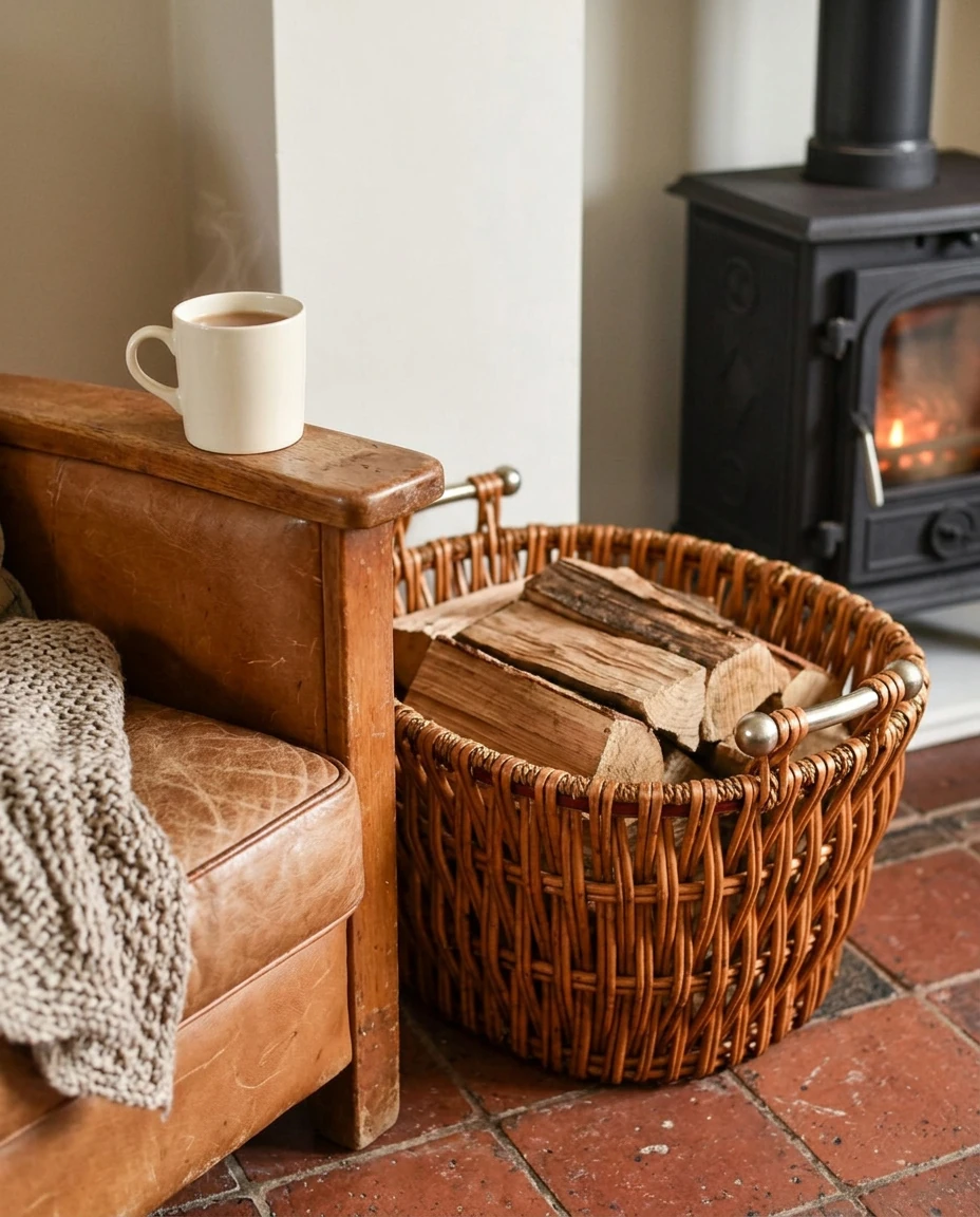 AI-generated willow log basket photography: by the armchair