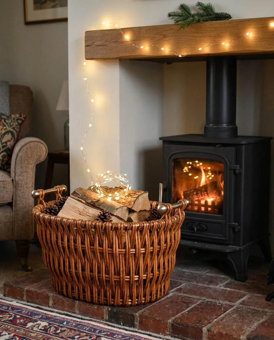 AI-generated willow log basket photography: winter evening